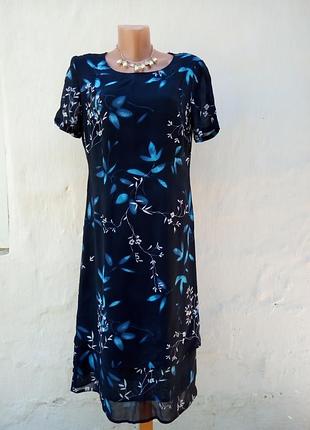 Нежное синее платье в цветы по низу ярусами,вискоза,сарафан,принт.