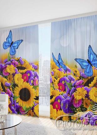 Фото штори "соняшники з метеликами" 2,5 м*2,9 м (2 полотна по 1,45 м)