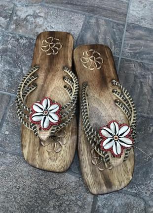 Вьетнамки гэта шлёпанцы деревянные с резьбой,тапочки пляжные,этно,японский стиль