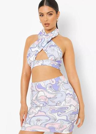 Юбка голубая  в абстрактный принт boohoo