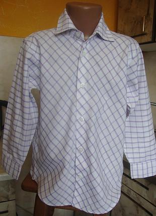 Рубашка белая в фиолетовую клетку bhs 116 см 6 лет 65%полиэстер, 35%котон