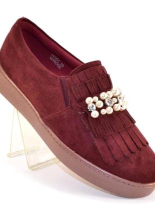 Замшевые туфли слипоны 36-41р с бахромой и жемчугом серые, черные, бордовые, синие