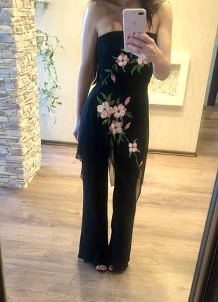 Скидка‼️ чорный комбинезон женский вечерний нарядный цветочный с цветами4 фото