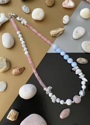 Чокер бусы ожерелье из натуральных камней розовый кварц кахолонг1 фото