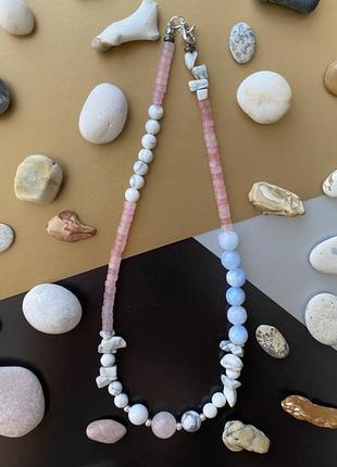 Чокер бусы ожерелье из натуральных камней розовый кварц кахолонг3 фото