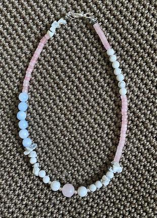 Чокер бусы ожерелье из натуральных камней розовый кварц кахолонг4 фото