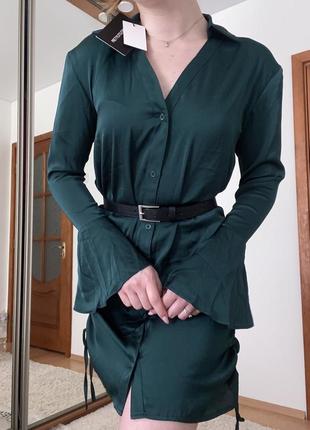 Сукня сорочка сатинова плаття з затяжками смарагдова платье рубашка сатин5 фото