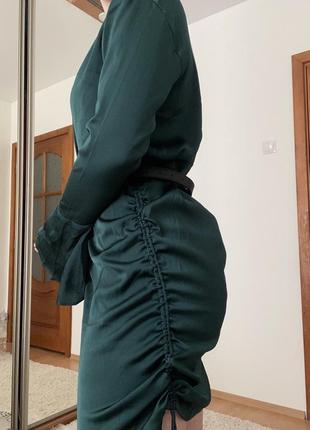 Сукня сатинова сорочка плаття з затяжками смарагдова плаття сорочка сатин4 фото