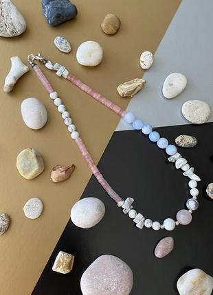 Чокер бусы ожерелье из натуральных камней розовый кварц кахолонг2 фото