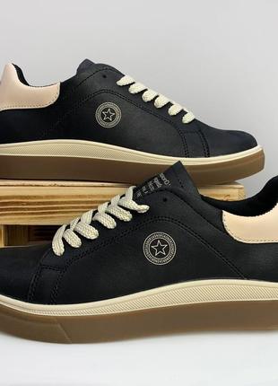 Кеді чоловічі чорні шкіряні літні,демі,літо,осінь/кеді чоловічі літні,осінні,весняні чорні