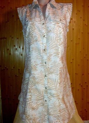 Короткое платье-рубашка с растительным принтом,лен,46-48разм.,m&s moda,пог-52см..