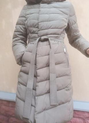 Зимняя куртка lusskuri, пуховик, оливковая, ,беж пальто, зимняя, теплая почти новая, с поясом р. s-m3 фото