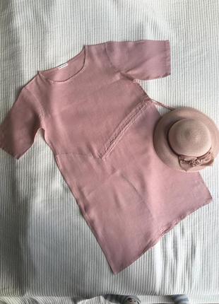 Платье лён 100% крой баттал розовое в оттенке «пыльная роза» и шляпа к нему1 фото