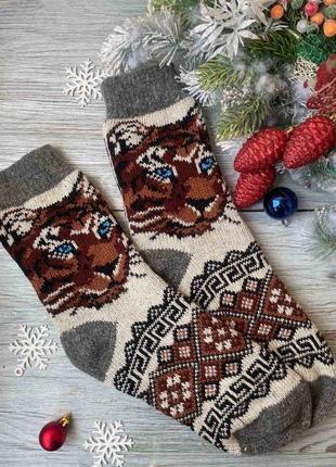 Шкарпетки чоловічі зимові в'язані із овечої вовни новорічні на новий рік "кіт на білому », р. 44-46