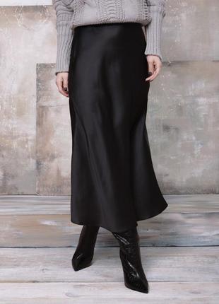 Чёрная бежевая серая коричневая шелковая юбка миди в бельевом стиле с м л хл