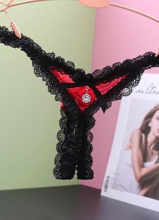 Стринги с вырезом красно-черные - размер универсальный, резинка тянется до 92см