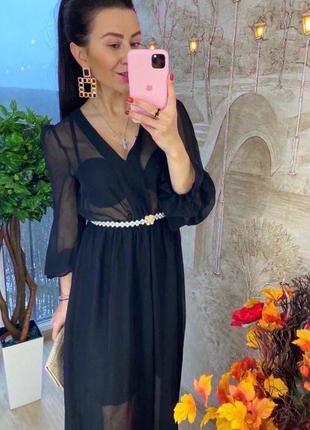 Женское чёрное шифоновое длинное платье в пол1 фото