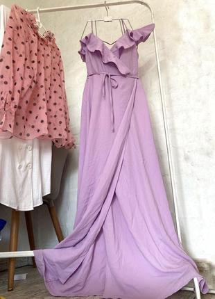 Лілова сукня на запах з відкритими плечима максі1 фото