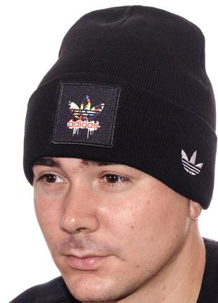 Шапка брендовий біні з шевроном подвійна універсальна зимова adidas l21047 чорний