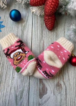 Шкарпетки дитячі вовняні зимові для дівчинки 2-3 роки, 13-18 см «оленя на рожевому»2 фото