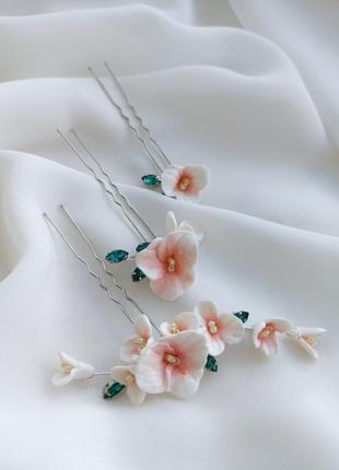 Прикраси в зачіску, набір шпильок з квітами, весільні заколки біло-рожевого кольору ksenija vitali6 фото