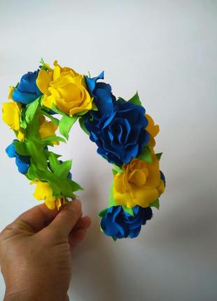 Вінок жовто-блакитний до вишиванки обруч з ніжними жовто-синіми квітами5 фото