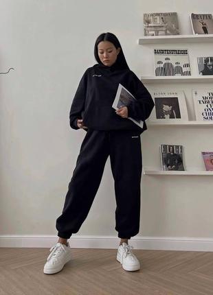 Жіночий чорний теплий костюм на флісі з спортивними штанами з джоггерами з худі з м л хл ххл 3хл 44 46 48 50 52 54 s m l xl xxl, 3xl