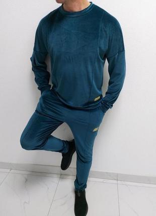 Чоловічий стильний велюровий костюм світшот + штани повсякденний колір смарагдовий