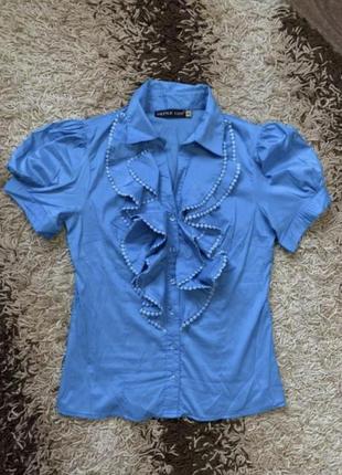 Блакитна блуза із коротким рукавом «фонарик»2 фото