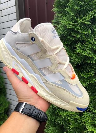 Мужские кроссовки adidas niteball кожаные замшевые бежевые белые синие