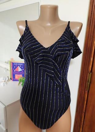 Zara trafaluk закрытый купальник в полоску с рюшами боді