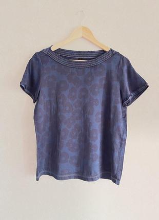 Marc cain шёлковая футболка блуза 100% шелк синяя с цветами принт