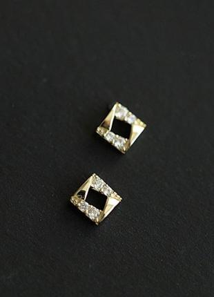 Срібні s 925 маленькі сережки-пусети позолочені золотом au 585 , квадратні сережки гвоздики маленькі1 фото