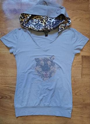 Футболка c капюшоном roberto cavalli с леопардовым принтом и камнями