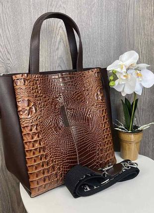 Стильная женская сумка под рептилию коричневая рыжая кожа рептилии