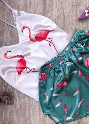 Фламинго 💋 женская сексуальная пижама шёлк 💋 губы 💋 шорты майка топ домашняя пижама пижамка