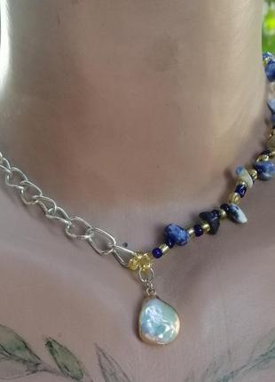 Чокер, кольє, намисто з натуральним лазурітом та перлиною