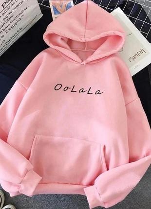 Худі жіноча з принтом "oolala" 💟 модель: 35 розміри: 42-44, 46-48 тканина: двунить кольори: рожевий, білий, чорний