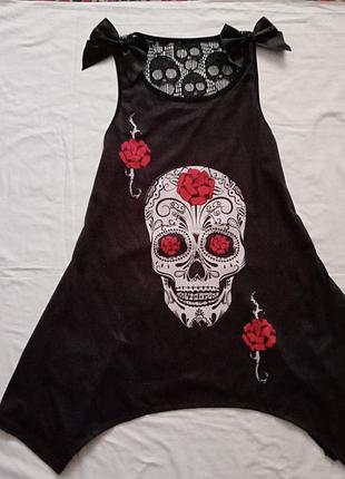 Майка - туника удлиненная, черная с принтом