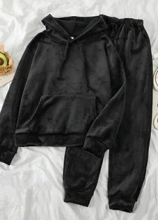 Велюровий спортивний костюм, стильний комплект: джогери+ худі з капюшоном, чорний, сірий