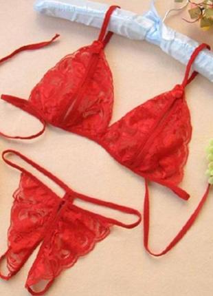 Комплект недорогого красного кружевного еротического белья с разрезом с дрступом на трусикпх и на гр
