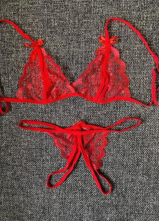 Комплект недорогого красного кружевного еротического белья с разрезом с дрступом на трусикпх и на гр4 фото