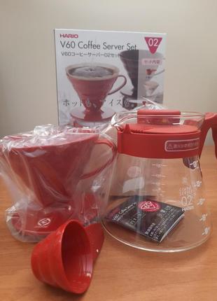 Набір для кави: пуровер hario v60 02 пластик red