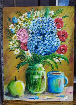 Картина маслом. двп. букет. цветы
