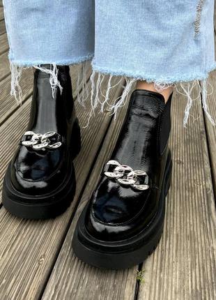 Шкіряні лакові черевики челсі на грубій підошві 💛💙 лаковые кожаные ботинки челси на грубой подошве6 фото