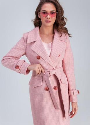 Пальто женское миди, полуприталенное, демисезонное, розовое, шерстяное, в клетку, двубортное1 фото