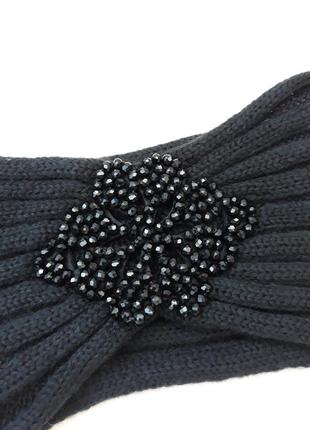 Новая чёрная тёплая модная шапка повязка на голову с бусинами осенняя зимняя, хит сезона3 фото