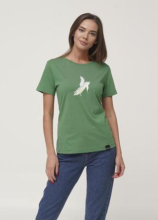 Жіноча повсякденна однотонна футболка бавовняна зеленого кольору з принтом chikiss clv 200/02