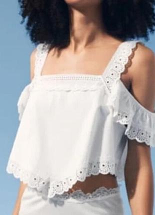 Кроп топ маечка блуза с кружевом прошвой zara