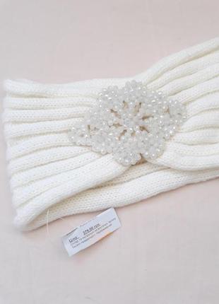 Новая белая тёплая модная шапка повязка на голову с бусинами осенняя зимняя, хит сезона2 фото